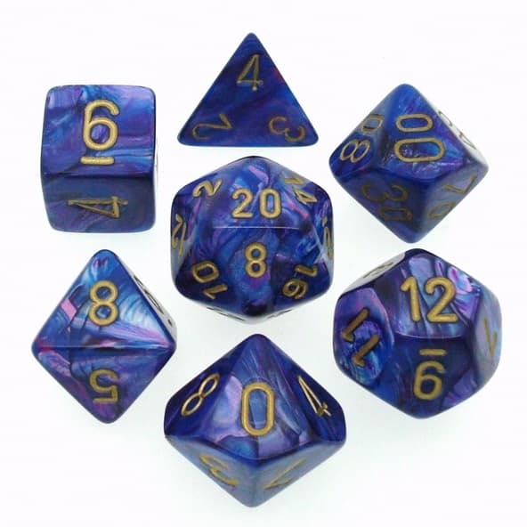 7 Die Set Chessex LUSTROUS PURPLE gold Dice VIOLA oro Dadi Dado 27497 immagine 1