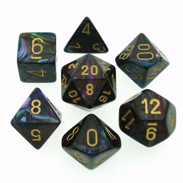 7 Die Set Chessex LUSTROUS SHADOW gold Dice OMBRA oro Dadi Dado 27499 immagine 1
